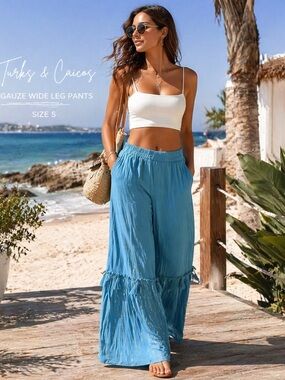 Turks & Caicos Blue Gauze Wide Leg Pants Boho Tassel NWT Size S Beachy Resort